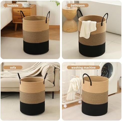 Laundry Basket Hamper Tall Rope Storage Woven for Blanket toys Dirty Clothes in Living Room Bathroom Bedroom (Jute Brown & Black, 80L/21.3Gal) - Image 4
