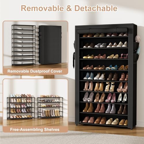 VILICK Shoe Rack with Cover Narrow Shoe Organizer with Pockets 10 Tier Tall Shoe Storage Holds 36-41 Pairs Shoes and Boots Shoe Rack for Closet Entryway Garage, Black - Image 6