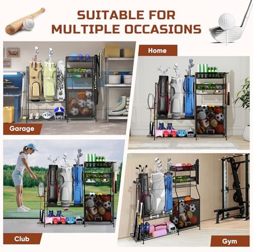 Garage Sports Equipment Organizer,3 Golf Bags Storage Stand,Heavy-Duty Ball Storage Rack with Basket and Hooks,Space-Saving Design for Toy Sports Gear Storage Indoor/Outdoor Use - Image 7