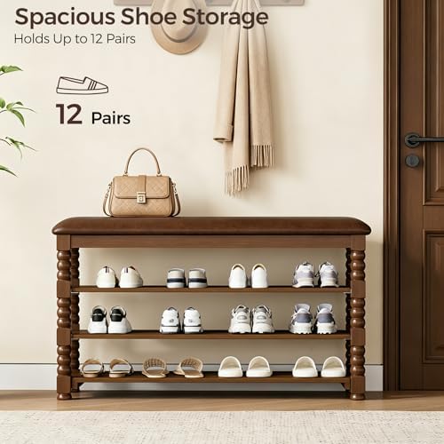 Homleke 39.4" Wide Solid Wood Shoe Rack Bench with Classic Turned Ball Legs - Image 5