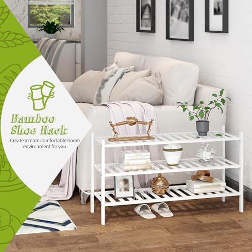 BMOSU 3-Tier Bamboo Extended Shoe Rack Premium Stackable Shoe Shelf Storage Organizer for Hallway Closet Living Room Entryway Organizer(White Bamboo) - Image 4