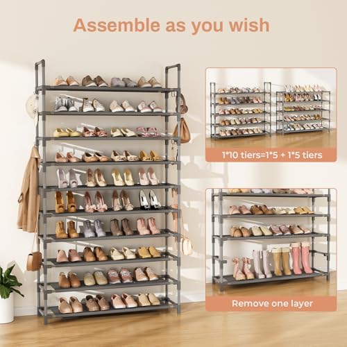 LANTEFUL Tall Shoe Rack 10 Tier Shoe Organizer Large Shoe Shelf with 18 Hooks Storage for 50 Pair Sneaker and Boot, Stackable Vertical Shoe Rack Organizer for Closet, Entryway, Bedroom, Grey - Image 5