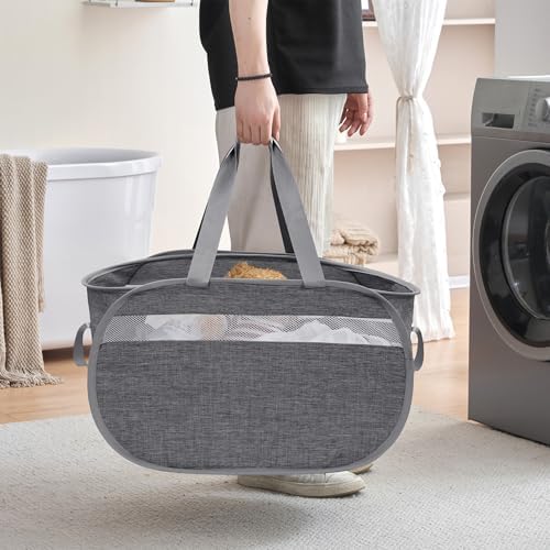 Collapsible Tear Proof Laundry Baskets with Dual Handles, Grey - Image 4