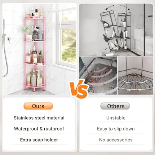 ELYKEN Corner Shower Caddy Standing, 4 Tier Metal Shower Organizer, Pink - Image 7