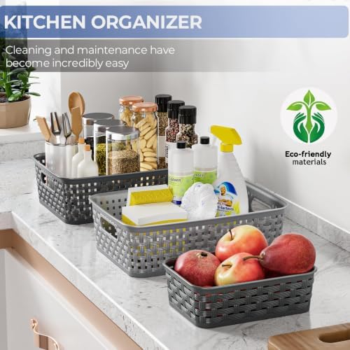12 Pack Plastic Storage Baskets, Small Baskets for Organizing, Plastic Storage Bins Wicker Pantry Organizer Bins Household Toys for Laundry Room, Bedrooms, Kitchens, Cabinets, Countertops - Image 2