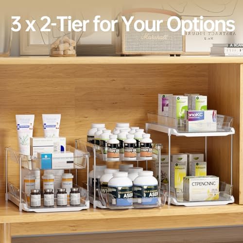 Delamu 2 Sets of 3-Tier Bathroom Under Sink Organizers and Storage, Multi-Purpose Stackable Pantry Organization and Storage, Pull Out Clear Kitchen Bathroom Cabinet Organizer with Movable Dividers - Image 6