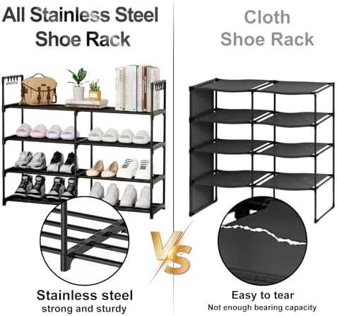 2 Rows 4 Tier Shoe Rack, Black Metal Stackable Shoe Shelf with Multifunctional Hooks, Hold 16-20 Pairs, Space Saving Shoe Organizer for Closet, Bedroom - Image 4