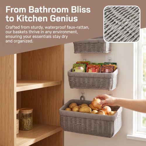 Wall Baskets, Hanging Wicker Baskets for Kitchen Bathroom Garage Porch Door Decor and Organizing (Gray, M+L) - Image 4