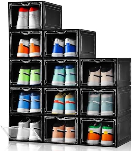 Clemate Upgraded X-Large Shoe Storage Box,12 Pack,Shoe Box Clear Plastic Stackable,Drop Front Shoe Box with Clear Door,Shoe Organizer Containers For Sneaker Display,Fit up to US Size12, Black by Clemate