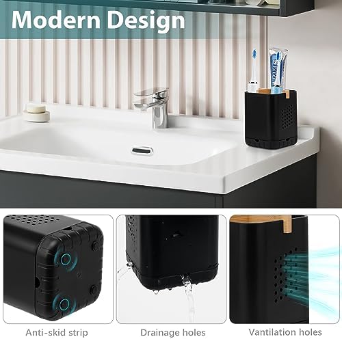 Boperzi Black Toothbrush Holders for Bathroom, Electric Toothbrush Holder with Bamboo Divider, Detachable Anti-Slip Toothbrush and Razor Holder Drainage for Shower, Toothbrush Organizer and Storage - Image 3