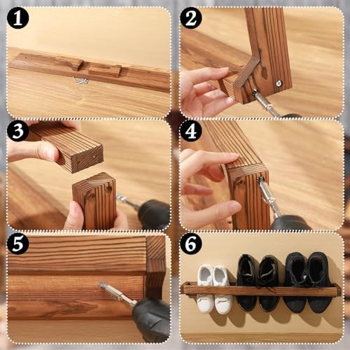 Wenqik 2 Pcs Wall Mounted Wooden Shoe Rack Wood Wall Hanging, Burnt Wood - Image 3