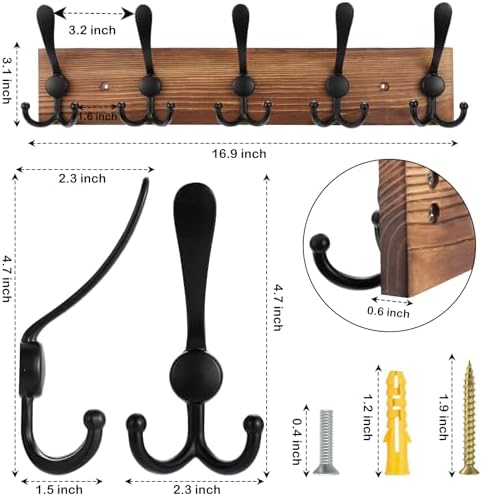 Kuhome 2pcs Coat Rack Wall Mount Wooden Hat Rack for Wall Hooks Pine Real Wood Plank 16.9" Brown Coat Hanger with 5 Triple Hooks for Hanging Coat Hat Jacket - Image 2