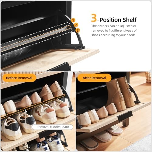 2-Flip Drawer Shoe Cabinet Narrow Entryway Rack, Oak&Black - Image 3