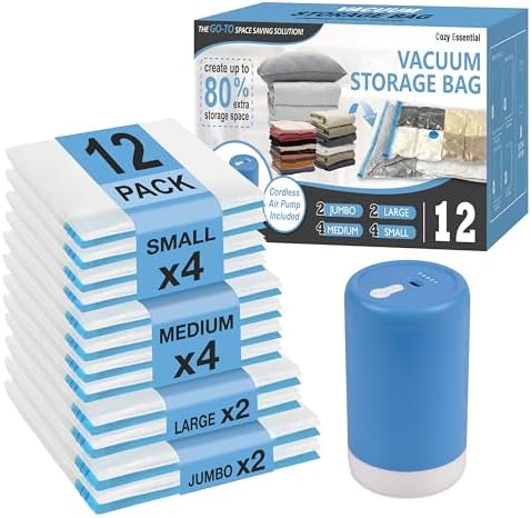 Travel Vacuum Storage Bags with Rechargeable Cordless USB Pump, 12 Combo by CozyEssential