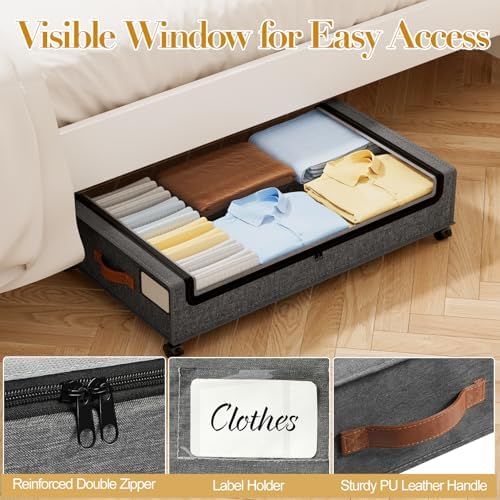Yecaye 60L Under Bed Storage with Wheels, 4 Pack, Hemp Grey | 360° Rolling Wheels, Clear Lids & Label, Reinforced Handle, Rolling Metal Drawers for Clothes, Blankets, Shoes in Bedroom - Image 5