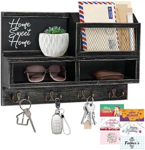 Key Holder Wall Mount, Wooden Mail and Key Organizer, Black by HOMEBROS