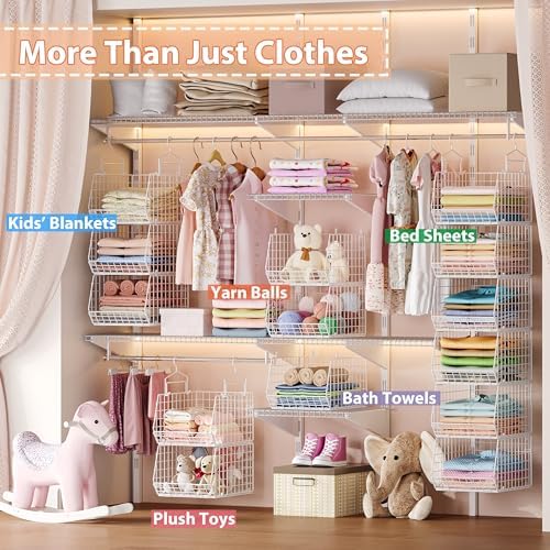 6 Tier Extended Depth Hanging Closet Organizer, Closet Storage Hanging Shelves with Hanging Hooks for Clothes Sweaters Towels Handbags, Stackable Metal Mesh Bins For Closet, Laundry, Bathroom, Dorm - Image 7
