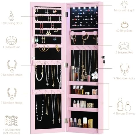 Full Length Mirror Jewelry Cabinet Organizer Lockable Door Wall-Mounted Jewelry Armoire with Shelves and Behind the Door Storage Pink - Image 3