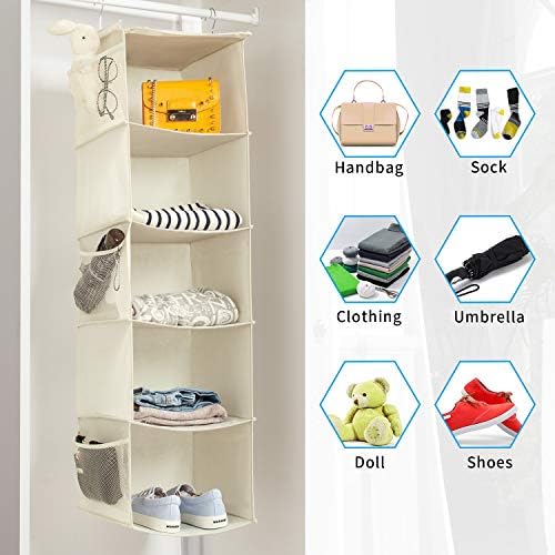 BrilliantJo 5 Shelves Hanging Closet Organizer, 2 Pack Hanging Storage with 6 Side Pockets for Clothes Shoes, 43"x12"x12"(Beige) - Image 5