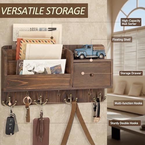 Rebee Vision Pine Wood Key Holder Wall Mount with Mail Sorter, Retro Brown - Image 5