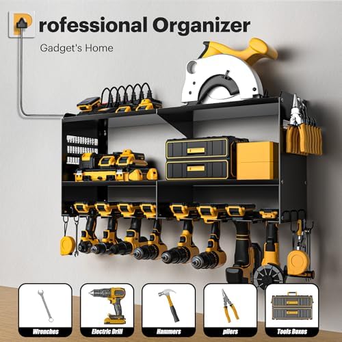 Spampur Power Tool Organizer Wall Mount with Charging Station, 15 Min Assembly & Maximum 420lb Load by Heavy Duty Metal, 8 Slots for Cordless Drill, Tool Battery Holder with 6 Outlet Power Strip - Image 2