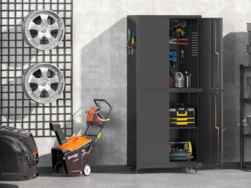 71" H Metal Tool Storage Cabinet with Lock and Wheels, Heavy Duty Garage Cabinet with 4 Doors and 2 Adjustable Shelves, Tool Organizer with Pegboard for Garage, Warehouse(Black, 71" H) - Image 2