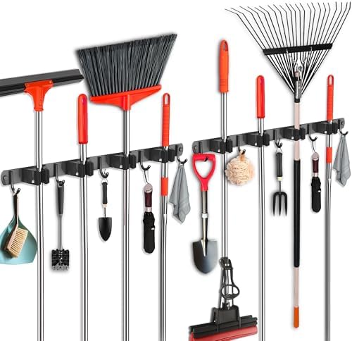 2 Pack Mop and Broom Holder Wall Mount, Upgraded Broom Hanger Wall Mount, Stainless Steel Broom Organizer for Closet Garage Laundry Room Kitchen Wall Decor Black 4R5H by FODARSAI