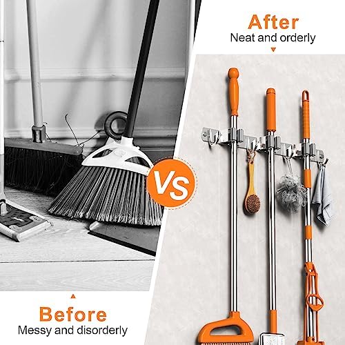 CUXIXA 2 Pack Mop and Broom Holder Wall Mount, Non-slip Broom Hanger, Heavy Duty Mop Broom Organizer for Kitchen Garden Garage Laundry Room Wall Decor Organization and Storage Silver 3R4H - Image 4