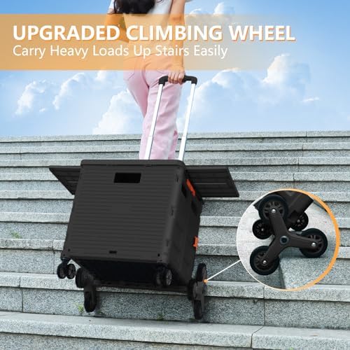 Foldable Utility Cart with Stair Climbing Wheels,Collapsible Rolling Crate with Magnetic Lid Telescopic Cover,Telescoping Handle,360° Rotate Wheel Hand Cart for Teacher Shopping Moving Grocery(Black) - Image 6