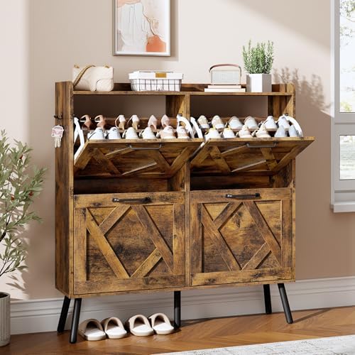 Nicetree Shoe Cabinet Storage for Entryway, Freestanding Shoe Storage Cabinet, Farmhouse Narrow Shoe Rack Cabinet for Entryway, Foyer, Hallway, Shoe Cabinet 4 Flip Drawers by Nicetree
