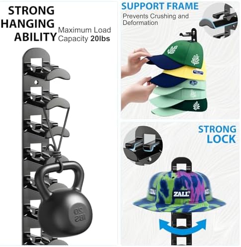 4 Pack Hat Organizer Hat Hook for Wall,Hold up to 40 Hats,Hat Holder with Strong Adhesive and Screws,Cap Holder Hat Hangers for Wall Closet Door and Bedroom(B-Black,4pcs) - Image 3