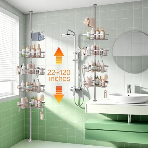 Corner Shower Caddy Tension Pole, Rustproof 4-Tier Adjustable 22-120 Inch Bathroom Storage Organizer with Towel Bar, Soap & Toothbrush Holders (Silver) - Image 3