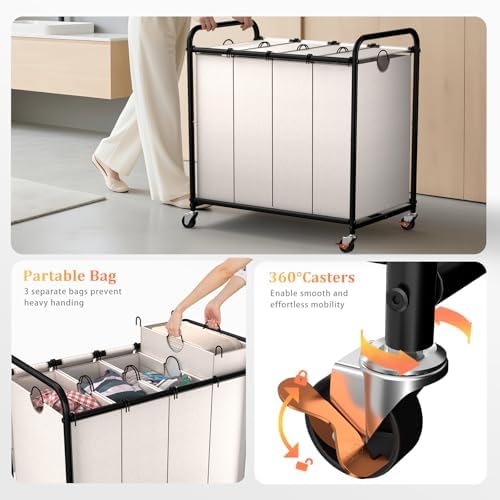 Laundry Sorter 4 Sections 48 Gal, Rolling Laundry Basket with Wheels ＆ Lid - Image 5