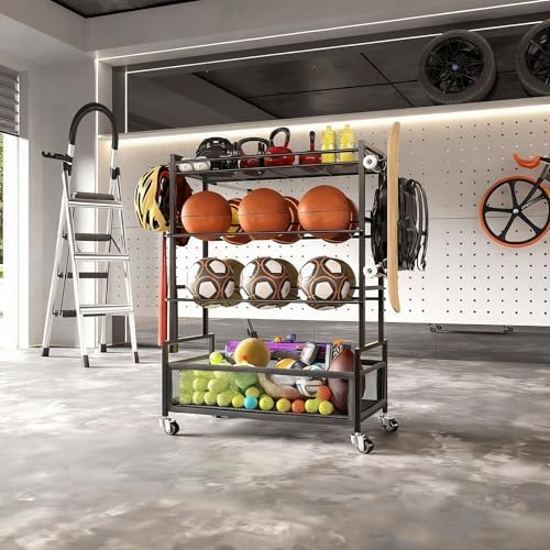 SOYEEZE Sports Equipment Organizer- Ball Storage for Garage,4 Tiers Outdoor Toy Storage,Soccer Racks,Basketball Shooting Training Stand Cart with Wheels and Hooks for Home-School and Gym Use - Image 3
