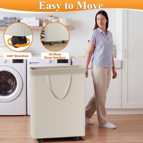 Optish 50L Slim Rolling Laundry Basket with Wheels & Removable Bag, White - Image 2