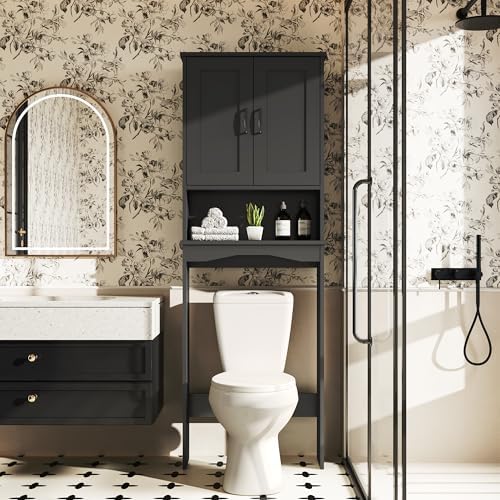 ROOMTEC Over The Toilet Storage Cabinet with Adjustable Shelf and Double Doors, Freestanding Bathroom Cabinet Organizer with Open Shelf, Home Space-Saving Toilet Rack for Restroom, Laundry, Black - Image 3