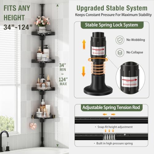 shuang qing 360° Rotating Corner Shower Caddy Tension Pole Organizer, Black - Image 2