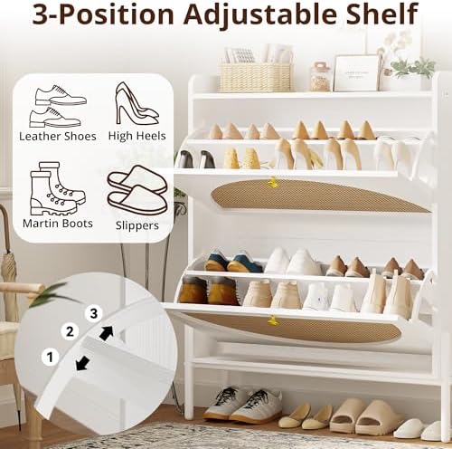 IRONCK Rattan Shoe Cabinet Storage with 2 Flip Drawers, White - Image 5