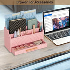 dreampossible Pink Wood Desk Organizer and Accessories with Drawer, Bill Mail Organizer and File Mail Holder for Office Supplies, Modern Desk Accessories & Workspace Organizers for Desk Organization - Image 2