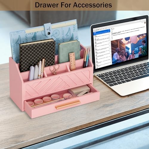 dreampossible Pink Wood Desk Organizer and Accessories with Drawer, Bill Mail Organizer and File Mail Holder for Office Supplies, Modern Desk Accessories & Workspace Organizers for Desk Organization - Image 2