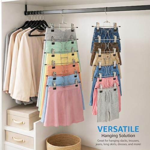 ZOBER 3-Pack 6-Tier Skirt Hangers with Clips, Clothes Hangers for Pants | Chrome metal, rubber-coated clips, swivel hooks, pants hangers with clips space saving for jeans and shorts, 18.25 x 11 in - Image 5