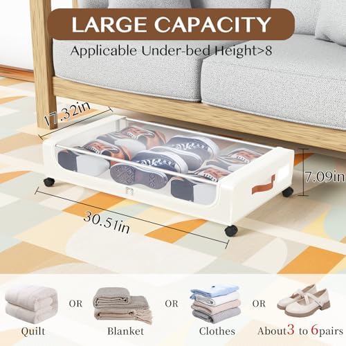 Under Bed Storage with Wheels, UnderBed Storage Containers with Clear Lid and Handles, XXL 60L Under the Bed Storage Bins Drawers for Clothes,Blankets,Shoes,Books (WHITE, 2 PACK) - Image 2