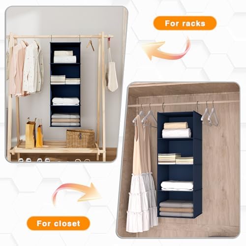 Hanging Closet Organizer 4-Shelf, Oxford Fabric Wardrobe Storage, Navy Blue | Easy-mount foldable design holds clothes, handbags, shoes & accessories; washable Oxford fabric, sturdy and space-saving. - Image 5