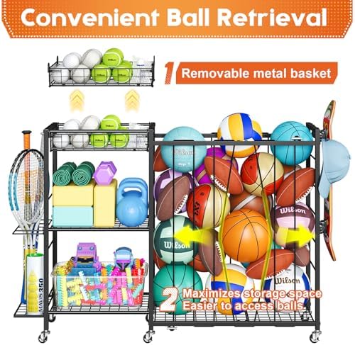Ball Storage with Elastic Rope for Sports and Outdoors, Garage Organization with Wheels for Sports Gear and Toys, Large-Capacity Sports Equipment Organizer with Baseball Bat Holder and Basketball Rack - Image 2