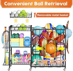 Ball Storage with Elastic Rope for Sports and Outdoors, Garage Organization with Wheels for Sports Gear and Toys, Large-Capacity Sports Equipment Organizer with Baseball Bat Holder and Basketball Rack - Image 2