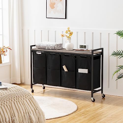 HOOBRO Laundry Sorter 4 Sections, Laundry Hamper with Wheels, 4 × 10.5 Gal (39.8L), Rolling Laundry Basket, Pull-Out and Removable Oxford Fabric Bags, Greige and Black BG04XY01 - Image 6