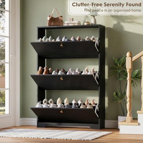 Nicetree Shoe Cabinet with 3 Flip Drawers, Narrow Shoe Organizer Cabinet, Freestanding Shoe Rack Cabinet, Modern Shoe Storage Cabinet for Entryway, Hallway, Foyer, Black - Image 5