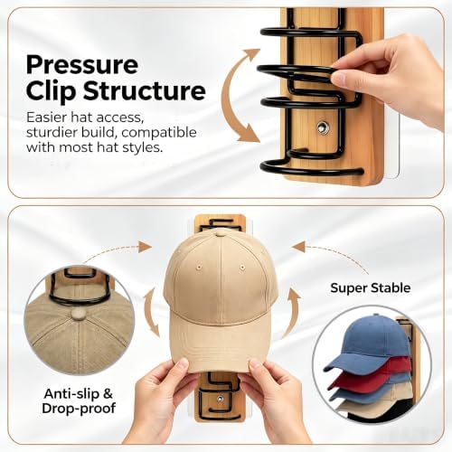 2 Pack Wooden Hat Rack, Each Holds 11 Baseball Caps, Adhesive/Screw Mount - Image 3