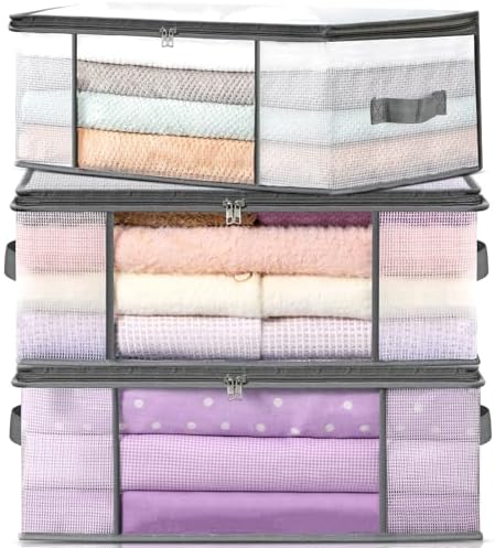 LANDNEOO 3-Pack Clothes Storage Bags, Plastic Foldable Blanket Storage bins, Closet Organizer Container for Bedroom, Bedding, Comforters, Pillows, and Clothing - 35L with Handles by MakeLifeBetterEasier