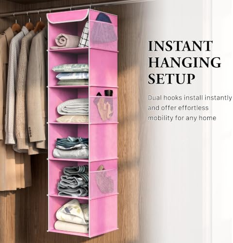 Simple Houseware 6 Shelf Hanging Closet Organizer, Pink | 360° Rotating Dual Hooks, Top Support Metal Frame, 6 Side Mesh Pockets - Image 6